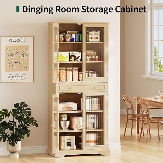 Kitchen Pantry Cabinet with Doors, 72" Tall Storage Cabinet with Adjustable Shelves, Wood Food Kitchen Pantry, Solid Freestanding Cupboard Display Cabinet for Dining Room Living Room