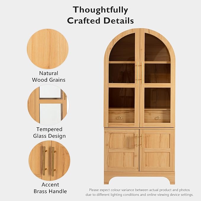 GDFStudio Mariah 71" Tall Arched Kitchen Pantry Cabinet with Hidden Drawer, Glass Door & Adjustable Shelves, Farmhouse Storage Cabinet Cupboard for Kitchen Dining Room, Home Pantry Storage, Natural