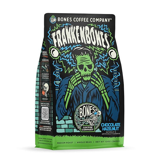 Bones Coffee Company Frankenbones Chocolate and Hazelnut Flavored Coffee, Medium Roast Low Acid Arabica Beans Compatible with Auto drip and French Press Coffee Maker, 12 Oz Whole Bean