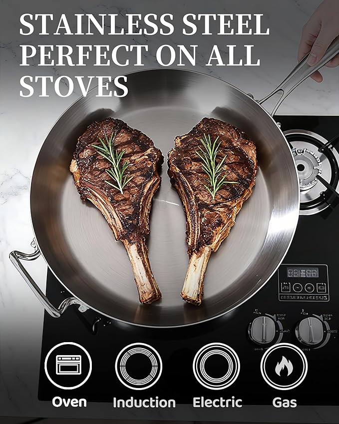14-Inch Tri-Ply Stainless Steel Frying Pan with Lid & Detachable Handle - Induction Compatible Skillet, Oven & Dishwasher Safe, Ideal for Frying, Saut챕ing & Simmering