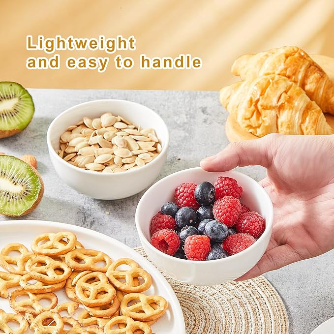 AntoKueh White 4.5in Small Ceramic Bowls, 12 OZ Cereal Bowls Set of 6 for Dessert, Rice, Jello, Pudding, Yogurt, Dishwasher/Microwave safe, Bone China