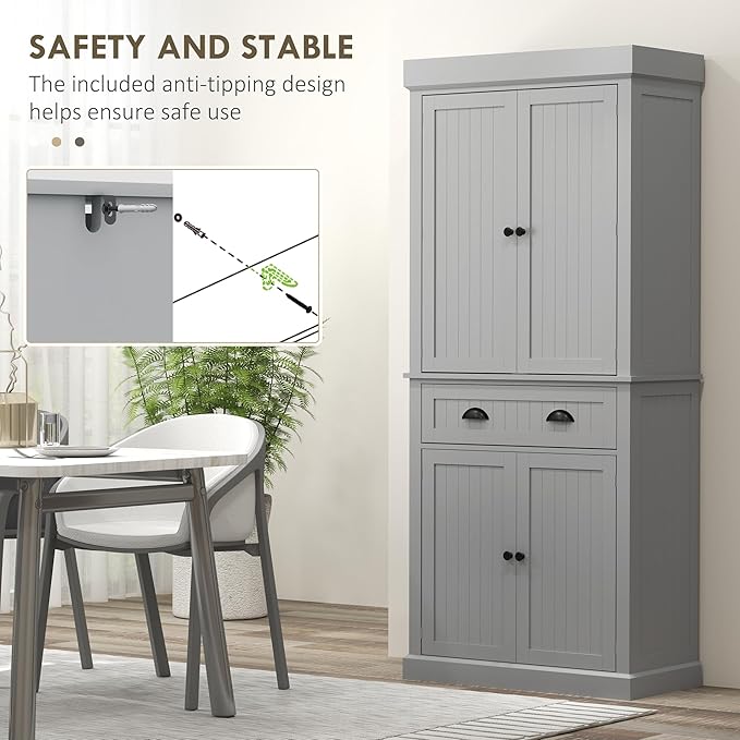 HOMCOM 71" Kitchen Pantry Cabinet with LED Motion Sensor Light, Tall Storage Cabinet with 6 Door Shelves, Drawer & Adjustable Shelves, for Living & Dining Room, Gray
