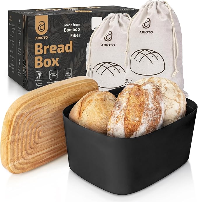Extra Large Bread Box for Kitchen Countertop with 2 Bread Bags - Sturdy Modern Construction, Ribbed Design Keeps Bread Fresh Longer - Large Sourdough Bread Box with Cutting Board Lid (Black)