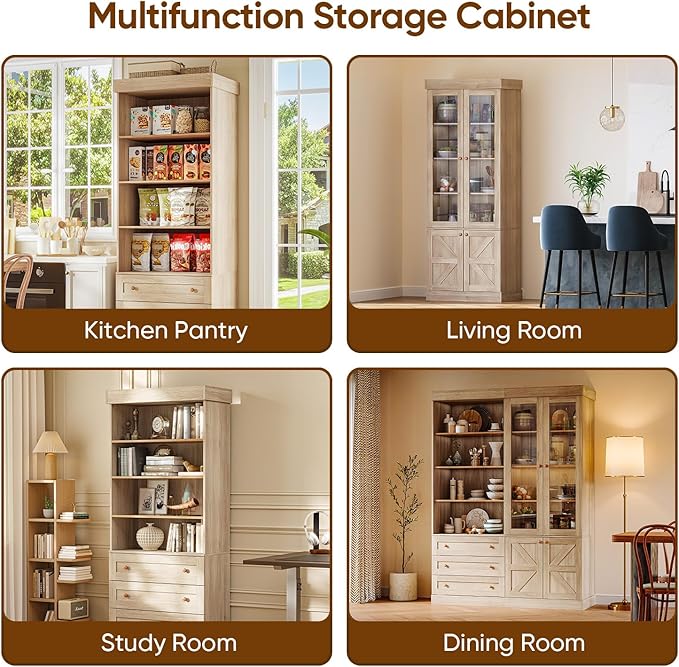 Vyre 71" Tall Farmhouse Kitchen Pantry, Set of 2 Large Storage Cabinets with Glass Doors & Adjustable Shelves, Versatile Wood Hutch for Living Room & Dining Room, Brown