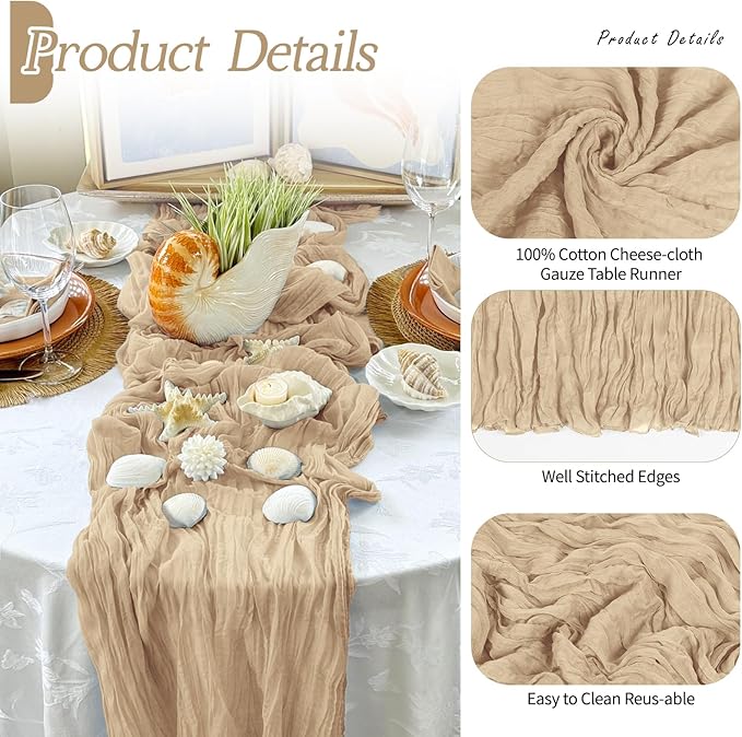RealBox 3 Pack Beige Cheesecloth Table Runner 17x108 Inch Semi Sheer Boho Gauze Cheese Cloth Fabric Table Runners Table Decor for Wedding Party Baby Shower Birthday Home Decor Garden Farmhouse