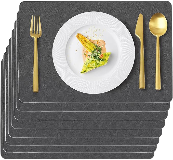 Uolr Vinyl Placemats Set of 8 Faux Leather 100% Waterproof Wipeable Washable Place Mats Heat Resistant Easy Clean Non-Slip Table Mats for Indoor Outdoor. (8,Gray)