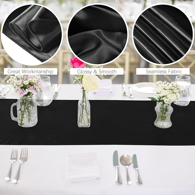 Aneco 4 Pack Satin Table Runner 12 x 108Inch Long Bright Silk and Smooth Fabric Party Table Runner for Wedding Banquet Party Decoration-Black