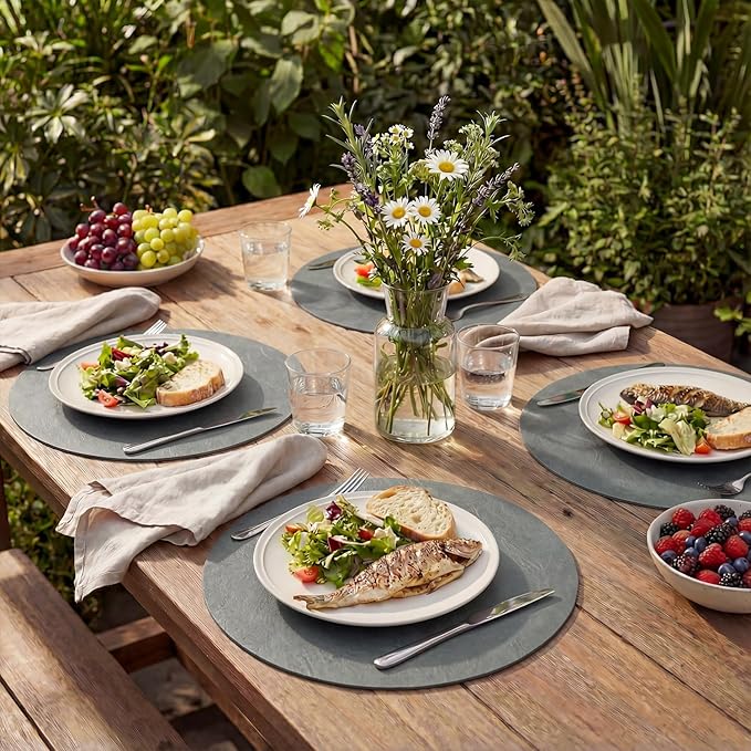 Artoid Mode Grey Faux Leather Placemats Set of 4, 15 Inch Waterproof Wipeable Heat Resistant Place Mats, Reversible Table Mats for Winter Kitchen Dining Decor
