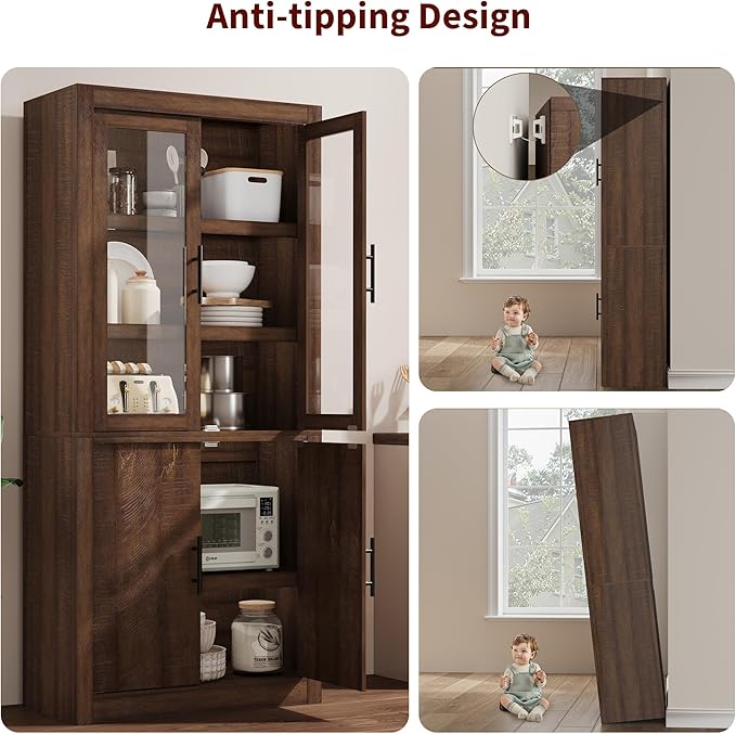 70.45??Tall Farmhouse Kitchen Pantry Cabinet, Wood Storage Cabinet with 4 Doors & Adjustable Shelves, Anti-Tip Design, Sturdy Bookcase for Kitchen/Dining/Office, Walnut-Glass