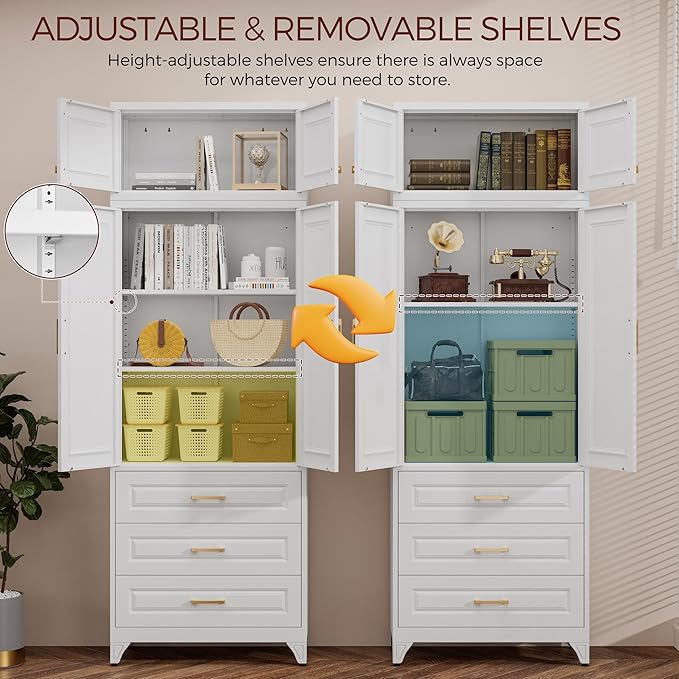 Metal Storage Cabinet, 90" White Pantry Cabinet with 4 Doors and 4 Adjustable Shelves, Tall Cabinets with 3 Drawers for Dinning Living Room and Dining Room