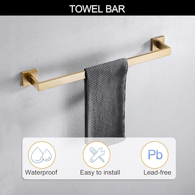 TNOMS Brushed Gold Towel Bar Set Bathroom Hardware Set, 5 Pieces Gold Bathroom Accessories Set Stainless Steel Wall Mounted Towel Holder for Bathroom 23.6in