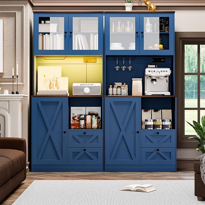 71?섃셁itchen Pantry Storage Cabinet with LED Lights and Power Outlet, Tall Farmhouse Kitchen Hutch with Microwave Stand,Globet Hooks and Adjustable Shelf for Dining Living Room,Blue