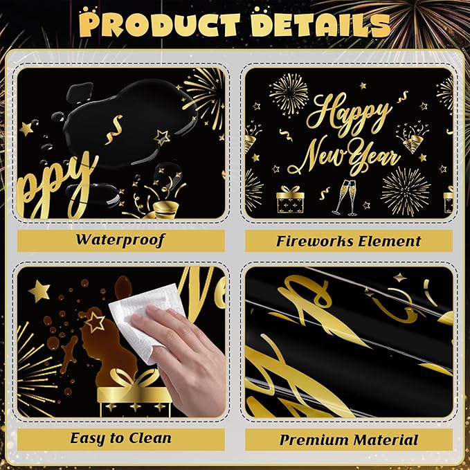 6 Pcs Happy New Year Tablecloth, 108" x 54" Rectangle Table Covers for New Years Eve Party Supplies, Black and Gold Firework Nye Tablecover 2026, Holiday Table Cover for NYE Party Supplies 2026 Decor