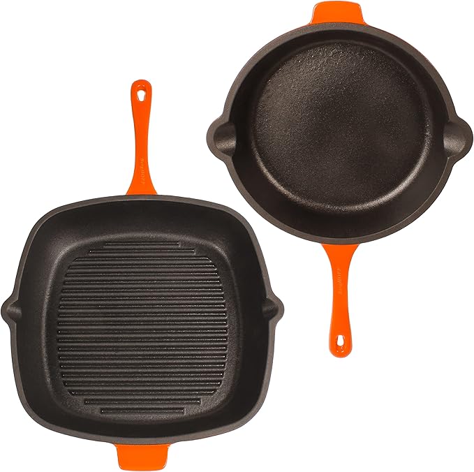 BergHOFF Neo 3Pc Enameled Cast Iron Cookware Set, Fry Pan 10 inches, Grill Pan 11 inches, Slotted Steak Press, Fast, Evenly Heat, Oven safe (Orange)