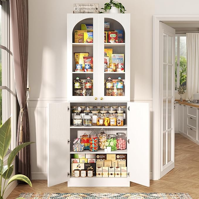 Cyclysio 80" Kitchen Pantry Cabinet, Tall Arch Storage Cabinet with Glass Doors, Freestanding Wood Floor Cupboard Bookcase with Seamless Fit Wall for Dining Room, Living Room, Bathroom (White)