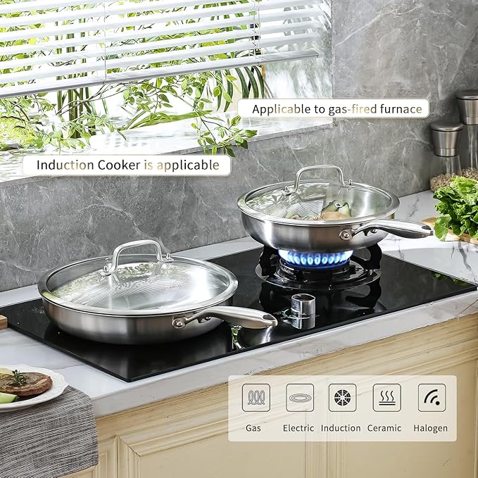 DELARLO Tri-ply Stainless Steel Kitchen Cookware Frying Pan Set with Lid 10.5" 12.5" Induction large Skillets Chef's Pan,Pots and Pans Set Kitchen Cookware Set Suitable for All Stove