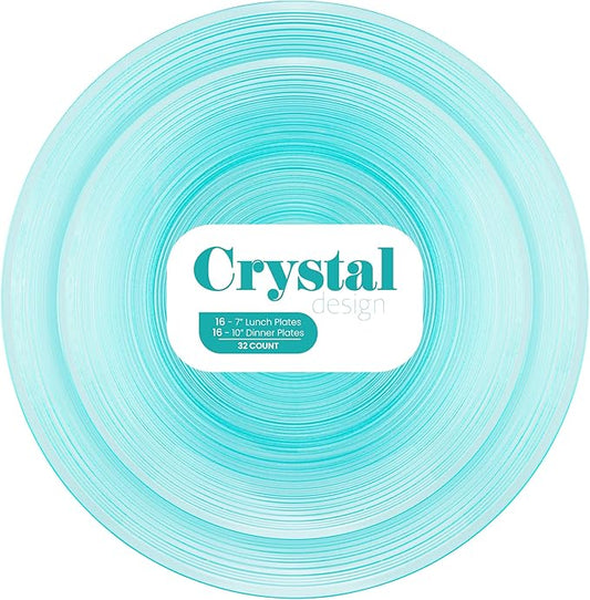 PLASTICPRO 64 Pieces Crystal Design Plastic Plates Combo Pack 7 inch and 10 inch Gold Rim Elegant Disposable Plates, Transparent Aqua Blue