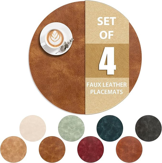 ADRIMER Placemats, Heat Resistant Round Placemats Set of 4 Washable, Waterproof Table Mats, Wipeable Faux Leather Place Mats for Kitchen, Dining Room, Turmeric Brown