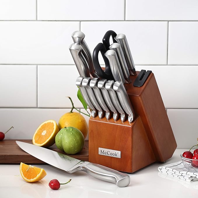 McCook짰 Knife Sets, German Stainless Steel Kitchen Knife Block Sets with Built-in Sharpener