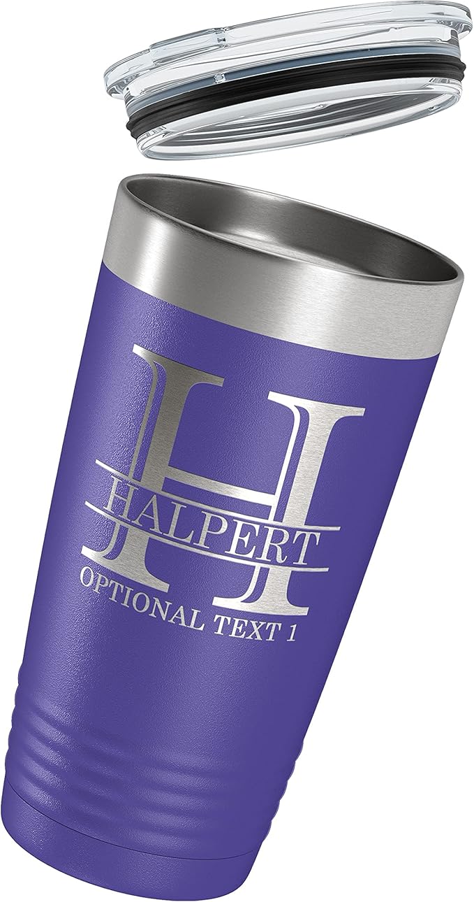 Personalized 20oz (17 Colors) Powder Coated Insulated Stainless Steel Tumbler with Lid, Custom Etched, Customized Engraved Gift Idea for Women Men Her Him, Halpert Monogram Initial Name (Purple)