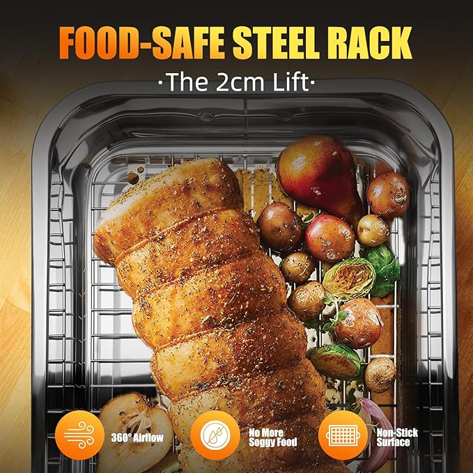 Stainless Steel Turkey Roasting Pan with Rack & Handles, Heavy Duty Food-Safe Turkey Pan Dishwasher Safe, Perfect for Cooking Turkey and Steak for Thanksgiving and Christmas (Extra Size)