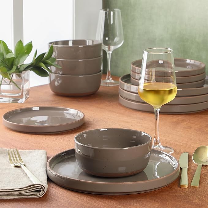 Gibson Elite Northrock Stoneware Dinnerware Set, 12-Piece Service for 4 Plates and Bowls Set ??Gray Dishes with Hand-Painted Terracotta Base