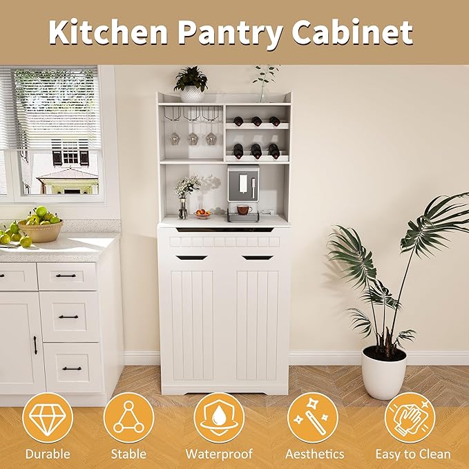 70" Tall Kitchen Pantry Cabinet with Charging Station & Drawer,Farmhouse Modern Wood Small Storage Cabinets w/Wide Tabletop,Wine Rack & 6 Door Shelves,for Small Kitchen,Living & Dining Room,White