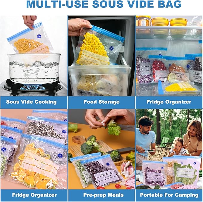 Sous Vide Bags 21 Pcs 3Size Vacuum Zipper Sealer Bag for Food, Reusable Vacuum Seal Bags with Hand Pump&Sealing Clips for Sous Vide Cooking,Freezer Safe,Microwave Heating and Food Storage
