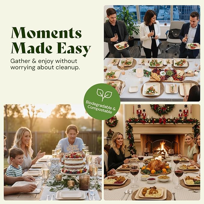 Chic Leaf Palm Leaf Plates Disposable Inch Square Pack Compostable Biodegradable & Eco Friendly Plates, Christmas Dinner Meal, Holiday Turkey - Microwave Safe Disposable (10'' - 25 Pack)
