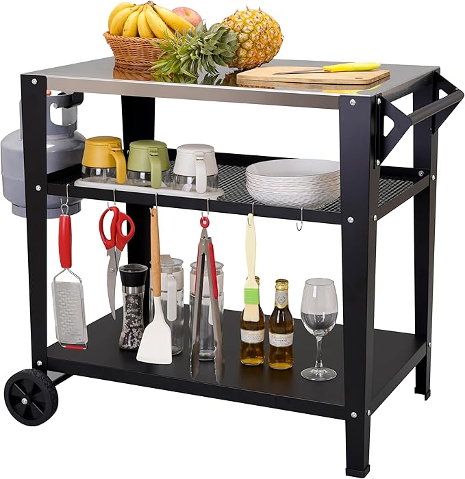 LEETOLLA Stainless Steel Outdoor Grill Cart with Wheels, Heavy-Duty 3-Tier BBQ Prep Table for Pizza Oven, Griddle, Patio ??Rustproof Commercial Kitchen Cart with Tool Hooks
