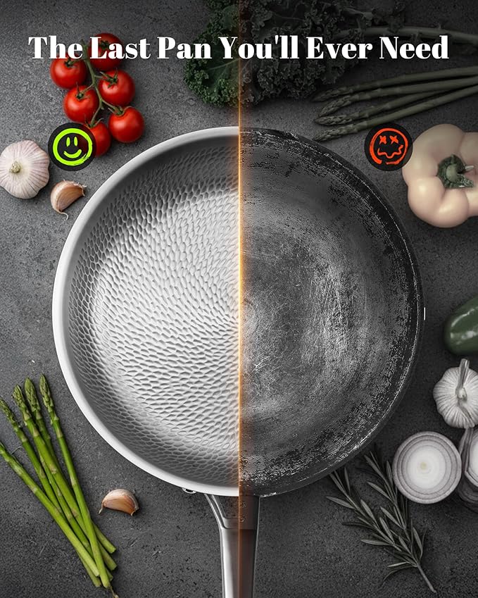Titanium Pan, 12 Inch Pure Titanium Hammered Pro with Lid, Non Stick Skillet for Cooking, Non-Toxic, PFAS/PFOA/PTFE Free Cookware, Dishwasher&Oven Safe, Kitchen Induction Compatible