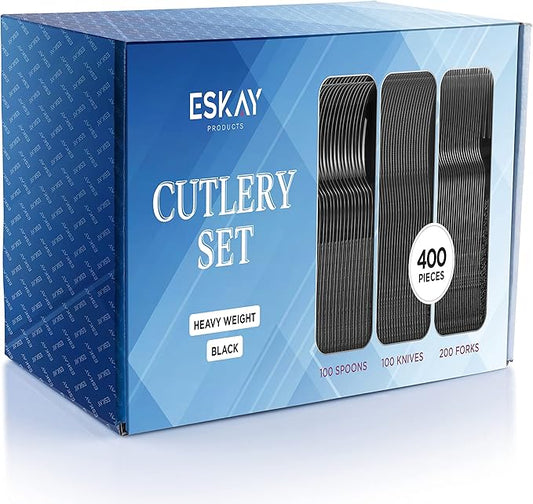 Heavy Weight Plastic Silverware Set - 200 Forks, 100 Knives, 100 Spoons - Disposable Cutlery Combo (Black)