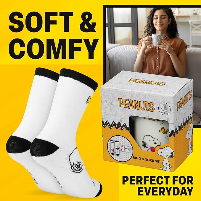 Get Trend Peanuts Snoopy Coffee Mug and Socks Set, 11.5 oz Ceramic Cup with Soft Crew Socks, Woodstock, Christmas, Secret Santa Gifts for Women (Red Snoopy)