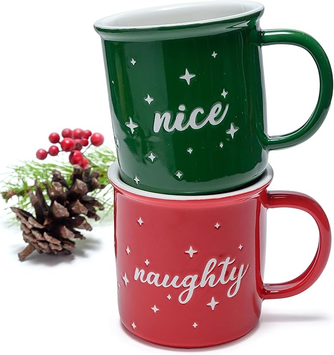 MAINEVENT Naughty Nice Christmas Mugs Coffee Set 11 Ounce, Christmas Cups Couple Gift