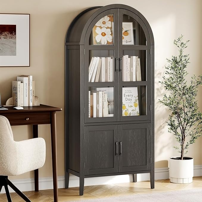 ONBRILL 71" Tall Arched Cabinet, 5-Tier Arched Kitchen Pantry with Glass Doors & Shelves, Modern Display Arch Cabinet with Adjustable Feet, Wooden Pantry for Living Room, Dining Room (Black)