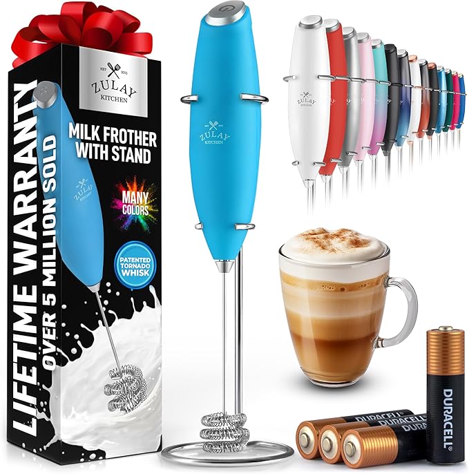 Zulay Kitchen Patented Tornado Triple Whisk Milk Frother with 4 Duracell Batteries ??Handheld Foam Maker for Coffee, Lattes, Matcha & Hot Chocolate ??Rich, Creamy Froth in Seconds