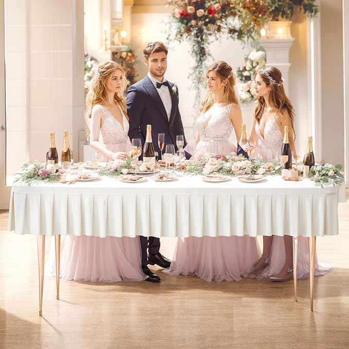 Wish Care Ivory Spandex Table Clothes for 8 Foot Rectangle Tables Wrinkle Free Ruffle Tablecloths Pleated Desk Skirt 8ft Stretch Fitted Table Covers for Wedding Birthday Baby Shower Party Banquet