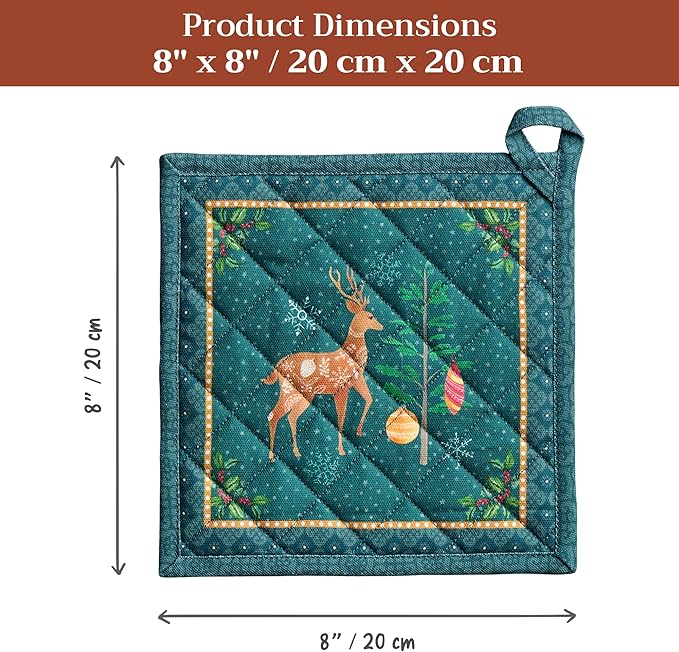 Maison d' Hermine Pot Holders Set 100% Cotton Heat Resistant Potholders 8" x 8" Hot Pads with Loop for Thanksgiving Christmas Decorations BBQ Baking Handling Hot Pans (Pack of 2, Hygge Christmas)