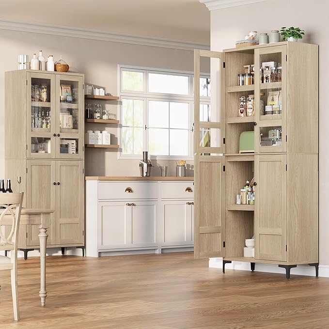 IDEALHOUSE Tall Storage Cabinet with Glass Doors, 71" Height, Adjustable Shelf, Light Oak Wood, Multi-Purpose Organizer for Kitchen Pantry and Bathroom (Natural Wood, 4 Doors with Glass)
