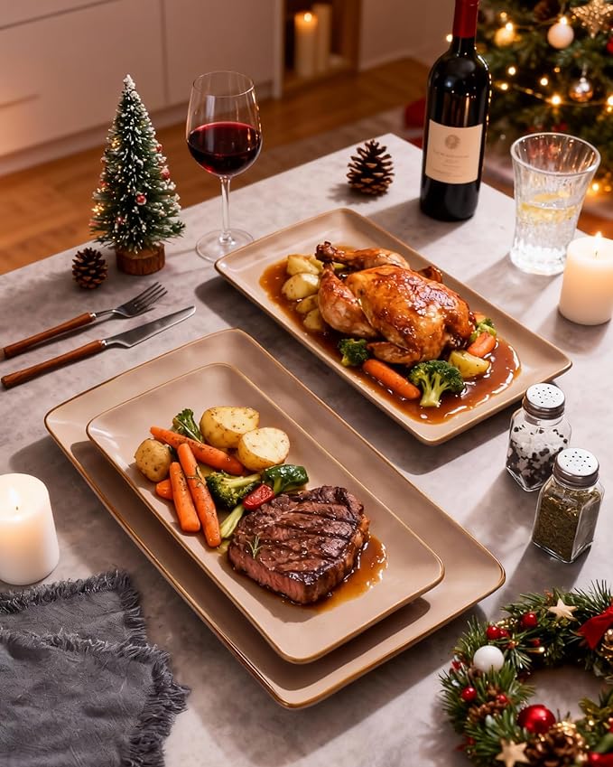 famiware Serving Platter, Rectangular 15.67/14.1/12.6 inch Serving Dishes for Entertaining, Microwave Dishwasher Safe, Stonware Serving Trays for Party, Turkey, Cheese, Ocean Series, Cinnamon Brown