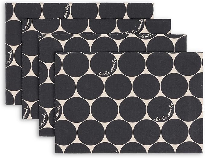 Kate Spade New York Joy Dot Placemats 4-Pack Set, Reversible, 100% Cotton, Machine Washable, Black/Beige, 13"x19"