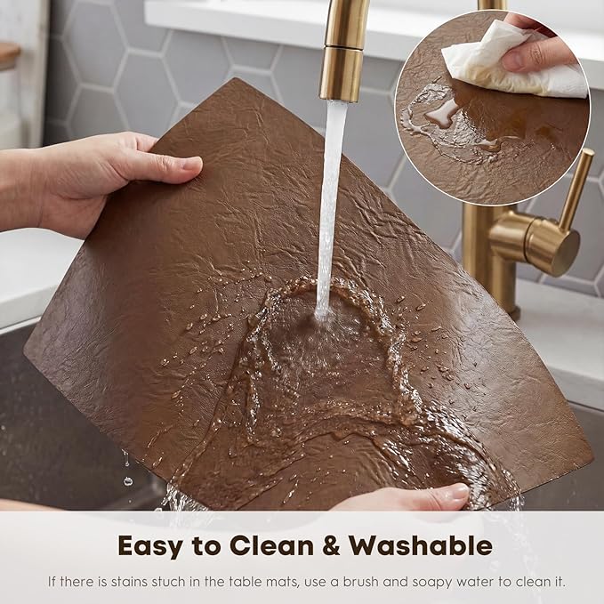 Artoid Mode Brown Faux Leather Placemats Set of 6, 12x18 Inch Waterproof Wipeable Heat Resistant Place Mats, Reversible Table Mats for Kitchen Dining Decor