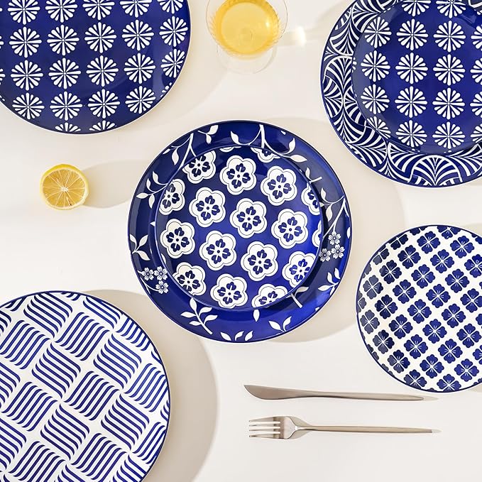 ZONEYILA Porcelain Dinner Plates, 10-Inch Ceramic Plates for Salad, Pancakes, Steak, Large Size Serving Plate for Parties, Restaurant - Dishwasher & Microwave Safe, Set of 6 (Vintage Blue)
