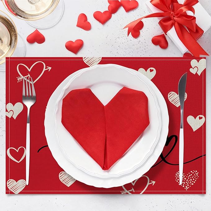 Valentine Placemats Set of 4, 12x18 Inch Love Hearts Table Mats, Seasonal Anniversary Holiday Valentines Day Table Decorations for Kitchen Dining Home Party Decor (Red)