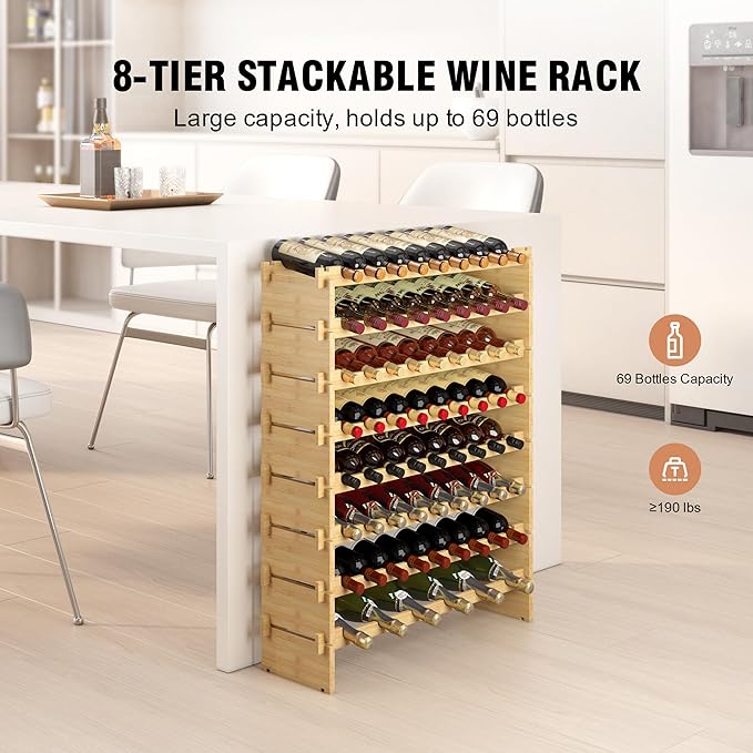 Wine Rack Freestanding Floor Bamboo Stackable Wine Storage Racks Wall Mounted, Modular Wine Bottle Stand Holder Display Shelf for Cabinet, Kitchen, Bar (Nature)