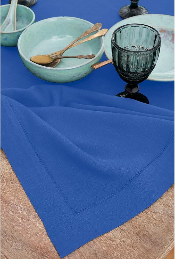 Solino Home Royal Blue Linen Tablecloth 60 x 144 Inch - 100% Pure Linen Hemstitch Table Cloth for Rectangle Tables - Classic Hemstitch, Machine Washable Tablecloth for Spring