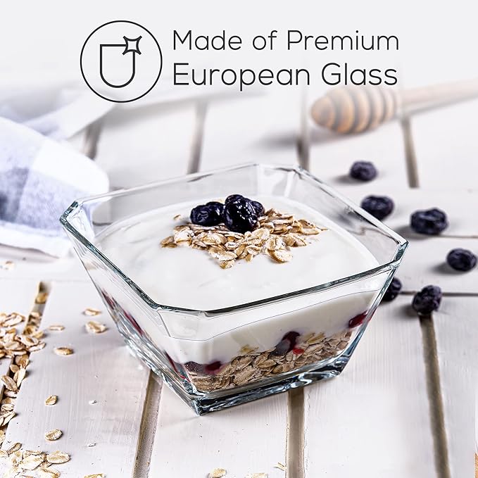 Glass Bowls for Kitchen Prep, Modern Serving Dishes for Dessert, Salad, Fruit, Pudding, Ice Cream, Cereal, Large Capacity 10.25 oz, Stackable Bowls Set of 6