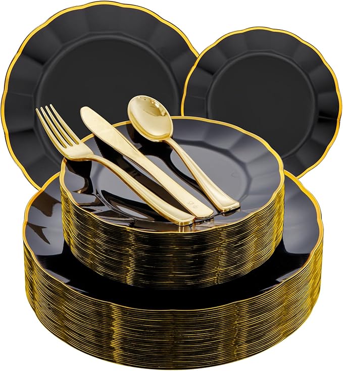 EI 150pcs Black Plastic Plates,Black and Gold Fancy Plate,Gold Plastic Silverware,Black and Gold Dinnerware Set,Premiun Heavy Duty Taleware,Perfect for Party,Wedding,Business Events,Hotel Banquets