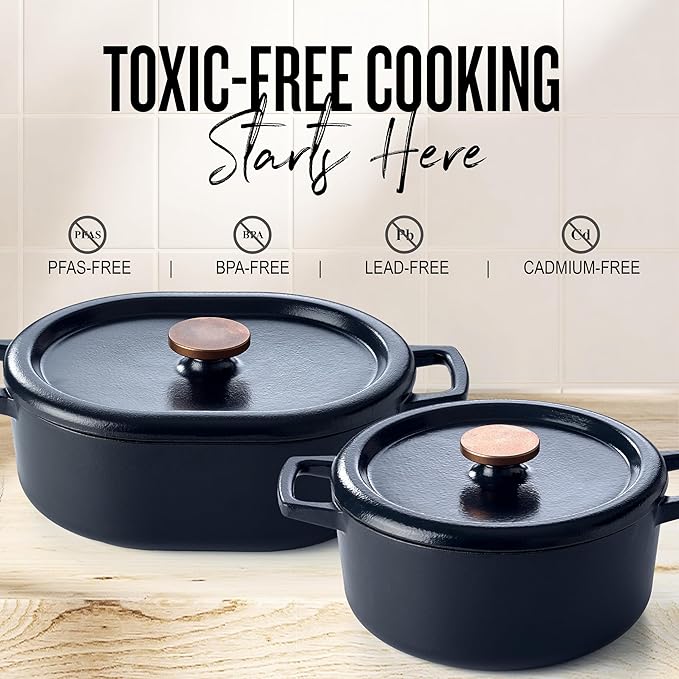 Alva Nori 5-Qt Enameled Cast Iron Round Dutch Oven ??Made With No PTFE/PFOA/PFAS, Oven & Induction Safe ??3-Layer Enamel, No Seasoning Needed ??Durable, Easy-Clean Cookware for Healthy Cooking, Black