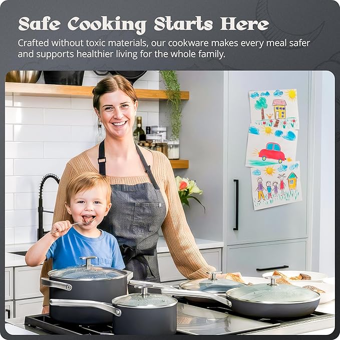 Premium Non-Toxic Ceramic Cookware Set ??Triple-Layer Nonstick 12 Piece Pots and Pans with Lids, PFAS-Free, Oven Safe for Healthy Meals, Space-Saving Design, Midnight Gray Color | Greater Goods